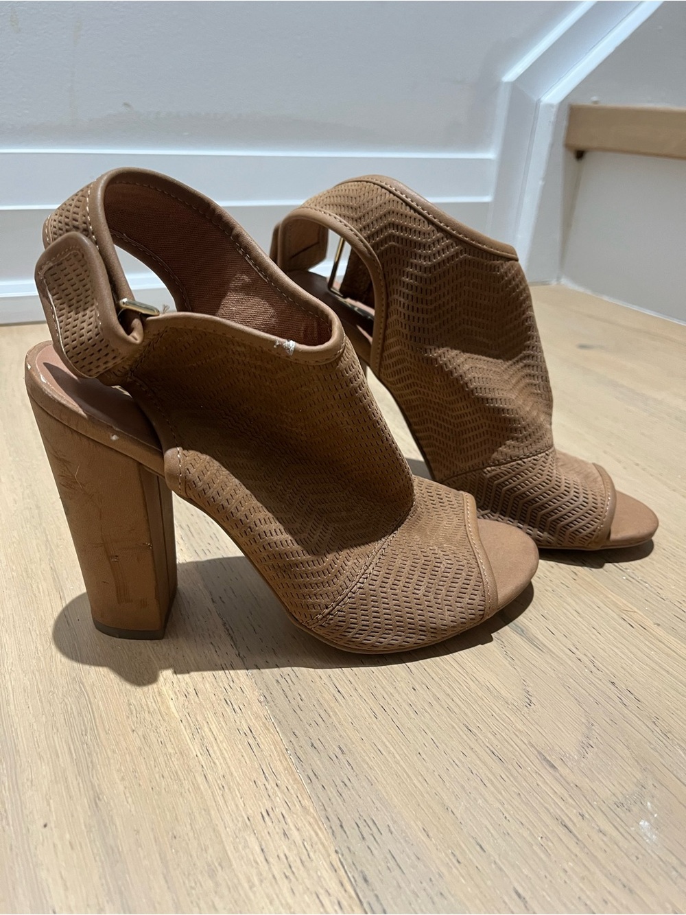 Aldo Perforated Slingback Block Heels in Tan